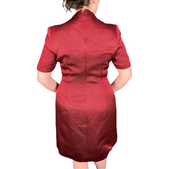 DARBY SCOTT TIERED SQUARE NECK SHORT SLEEVE JACQUARD RED HOLIDAY COCKTAIL DRESS - Picture 2 of 14